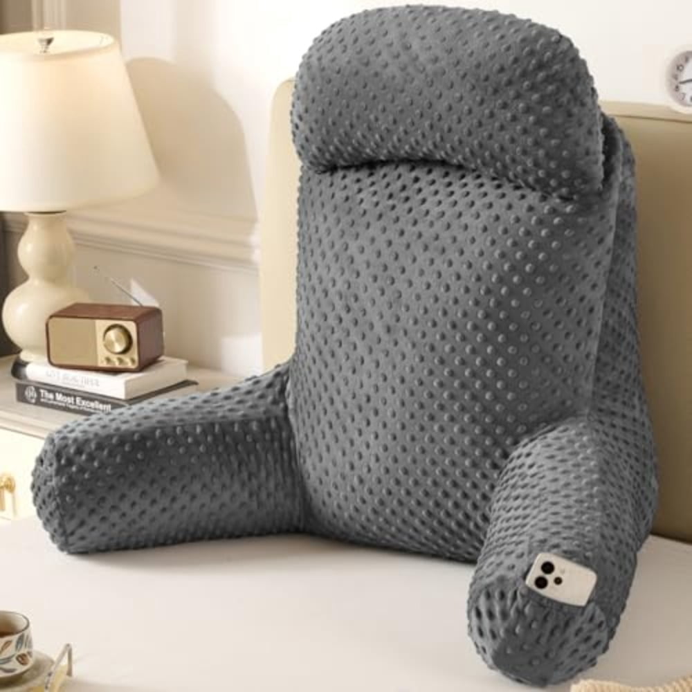 Reading Pillow for Sitting in Bed Couch Adult Back Pillow for Bed Sitting Up Back-Rest Support Cushion with Pockets and Arms Watching TV Relaxing Reading Dark Grey
