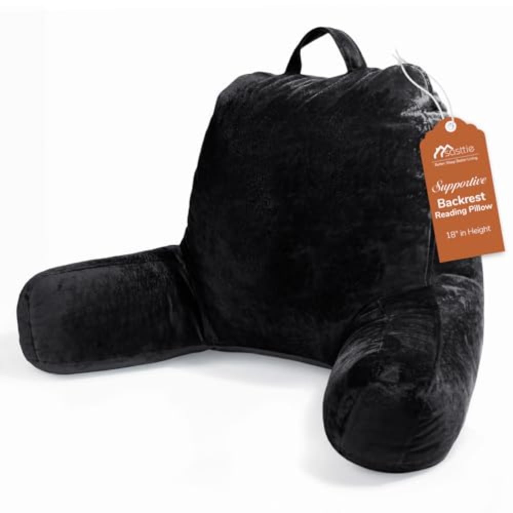Reading Pillow Velvet Back Pillow for Bed Sitting Up Adult Back-Rest Support Cushion with Arms for Sit Up on Couch Sofa and Floor Dorm Essentials Reading Accessories Black