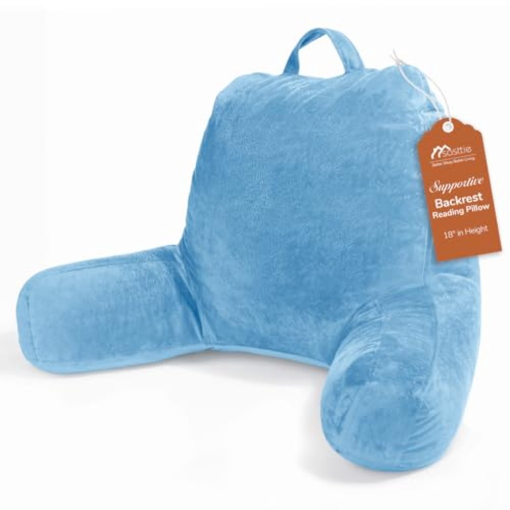 Reading Pillow Velvet Back Pillow for Bed Sitting Up Adult Back-Rest Support Cushion with Arms for Sit Up on Couch Sofa and Floor Dorm Essentials Reading Accessories Blue