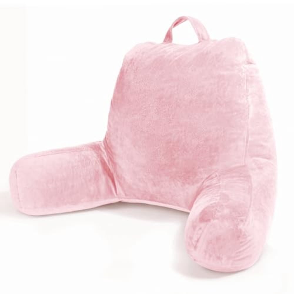 Reading Pillow Velvet Back Pillow for Bed Sitting Up Adult Back-Rest Support Cushion with Arms for Sit Up on Couch Sofa and Floor Dorm Essentials Reading Accessories Pink