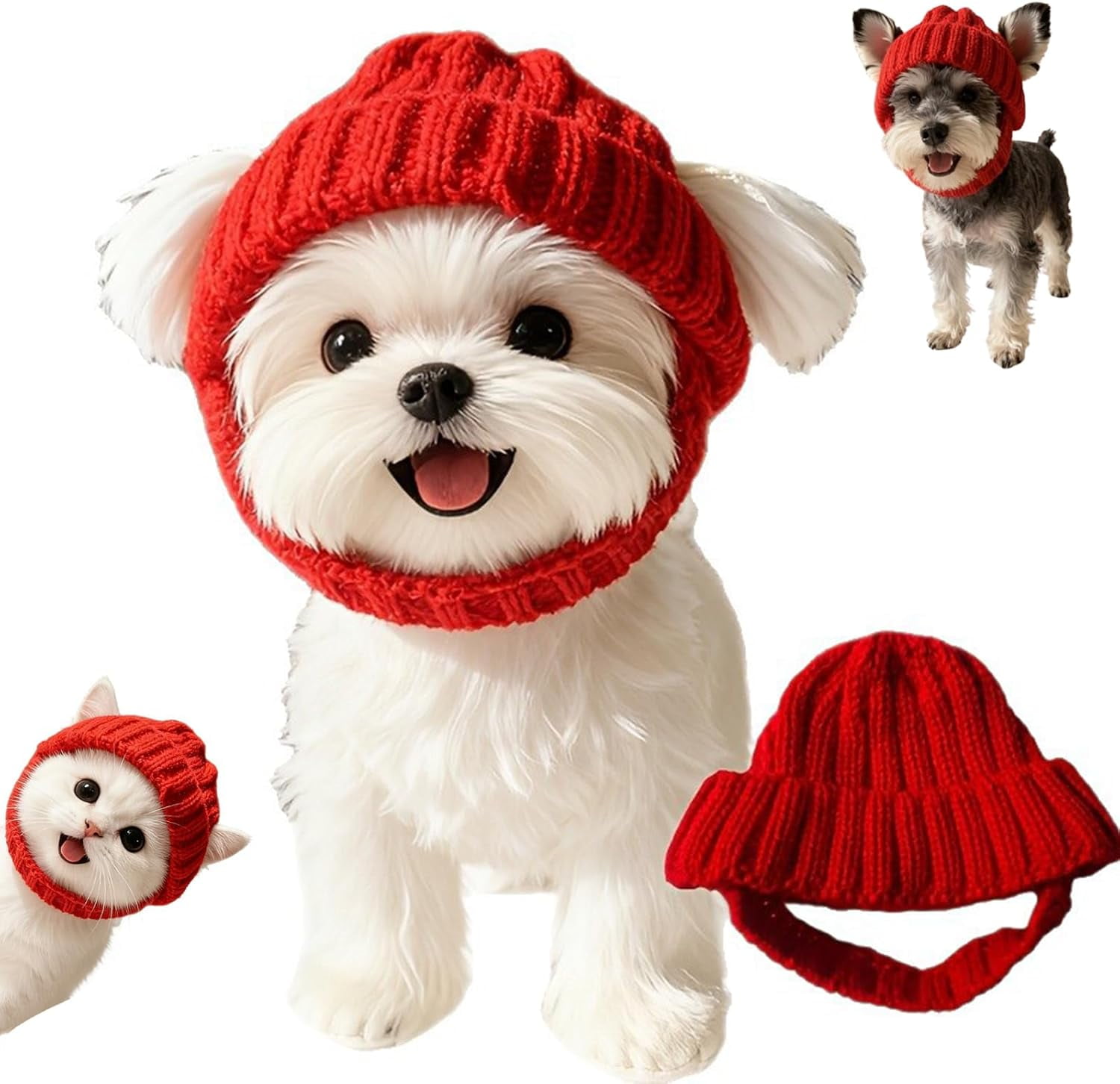 Red Knit Dog Beanie with Ear Flaps | Warm Winter & Christmas Hat for Small Dogs & Cats, Machine Washable Cute Pet Accessory