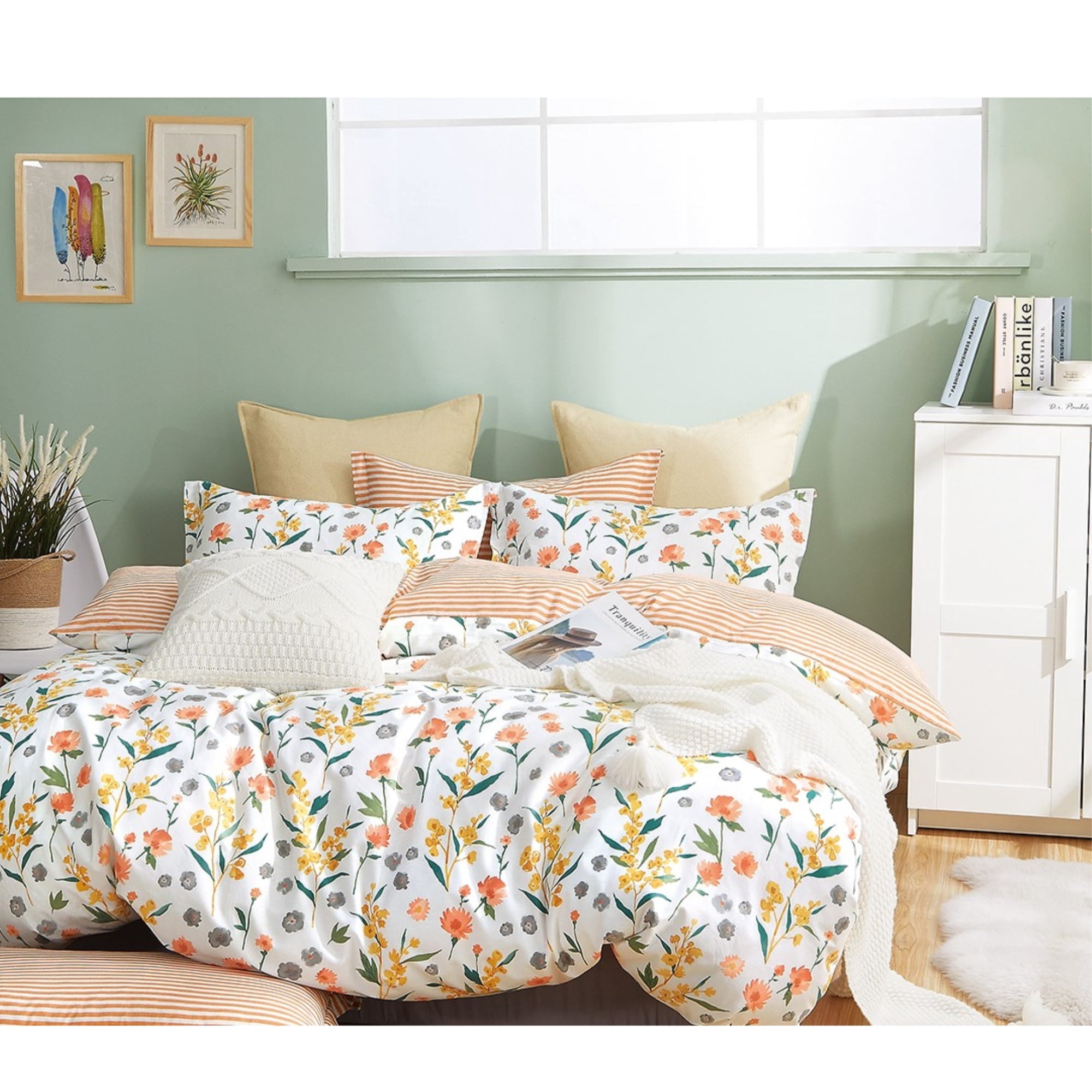 Say Yes Bedding Estella Orange Floral 100% Cotton Reversible Comforter Set, Twin/Twin XL