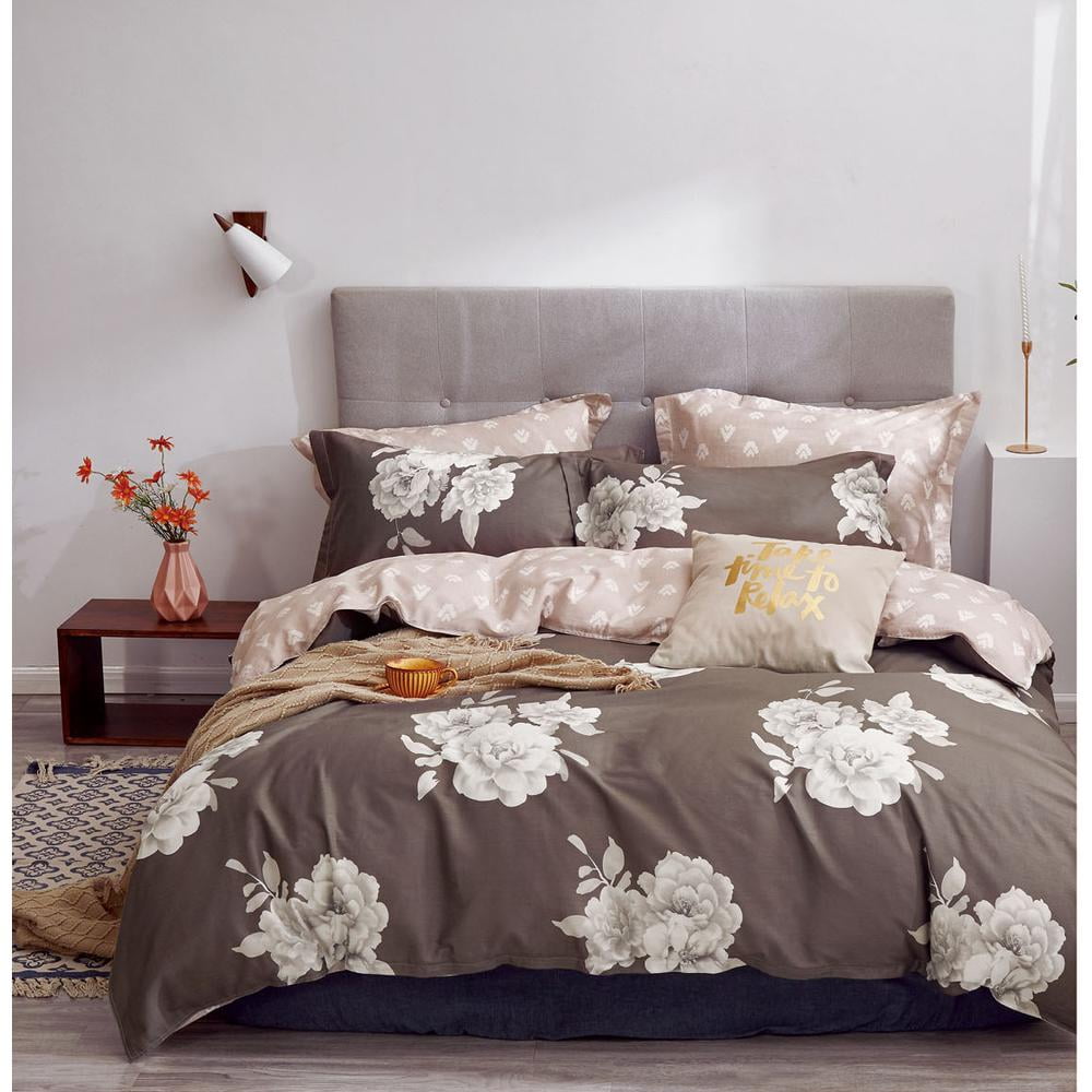 Say Yes Bedding Marrissa Brown Floral 100% Cotton Reversible Comforter Set, King