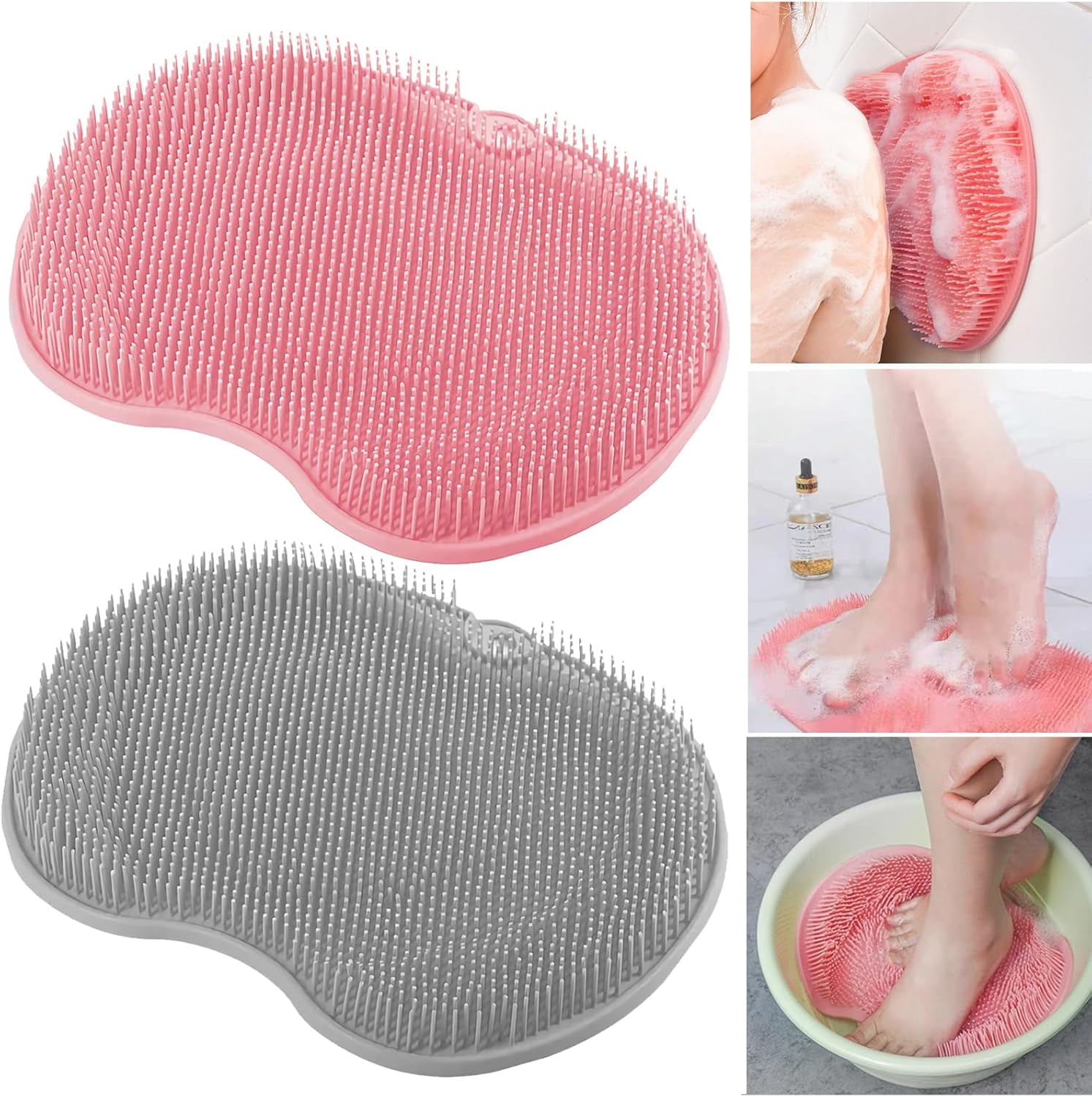 Shower Foot & Back Scrubber Massage Pad | 2-Pack Silicone Back and Foot Washer with Suction Cups, No Bend Deep Clean Massage Pad for Seniors, Men, Women