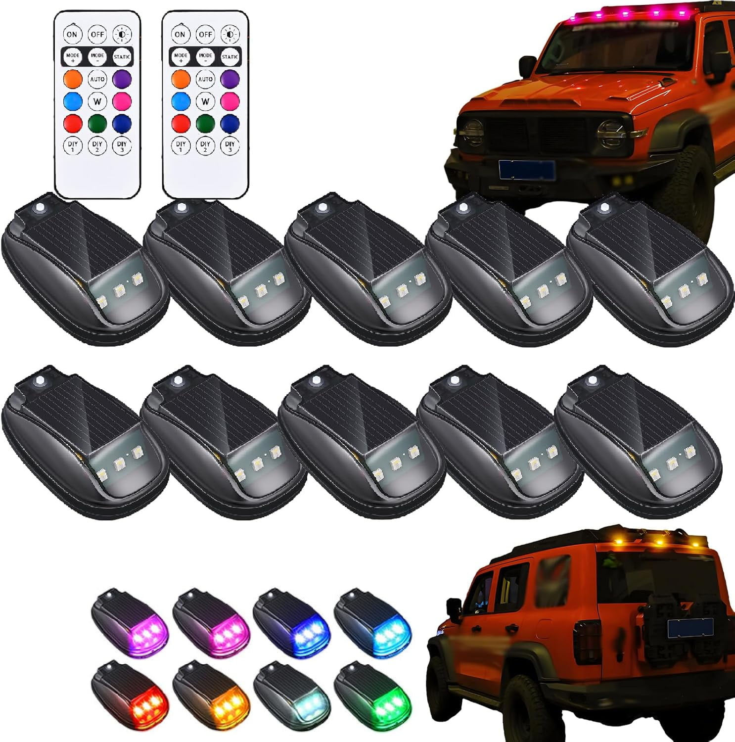 Solar Waterproof Cab Roof Lights with Remote Control, Auto Sensor LED Roof Lights for Car Cab, No Drill Installation, Solar Powered Cab Lights