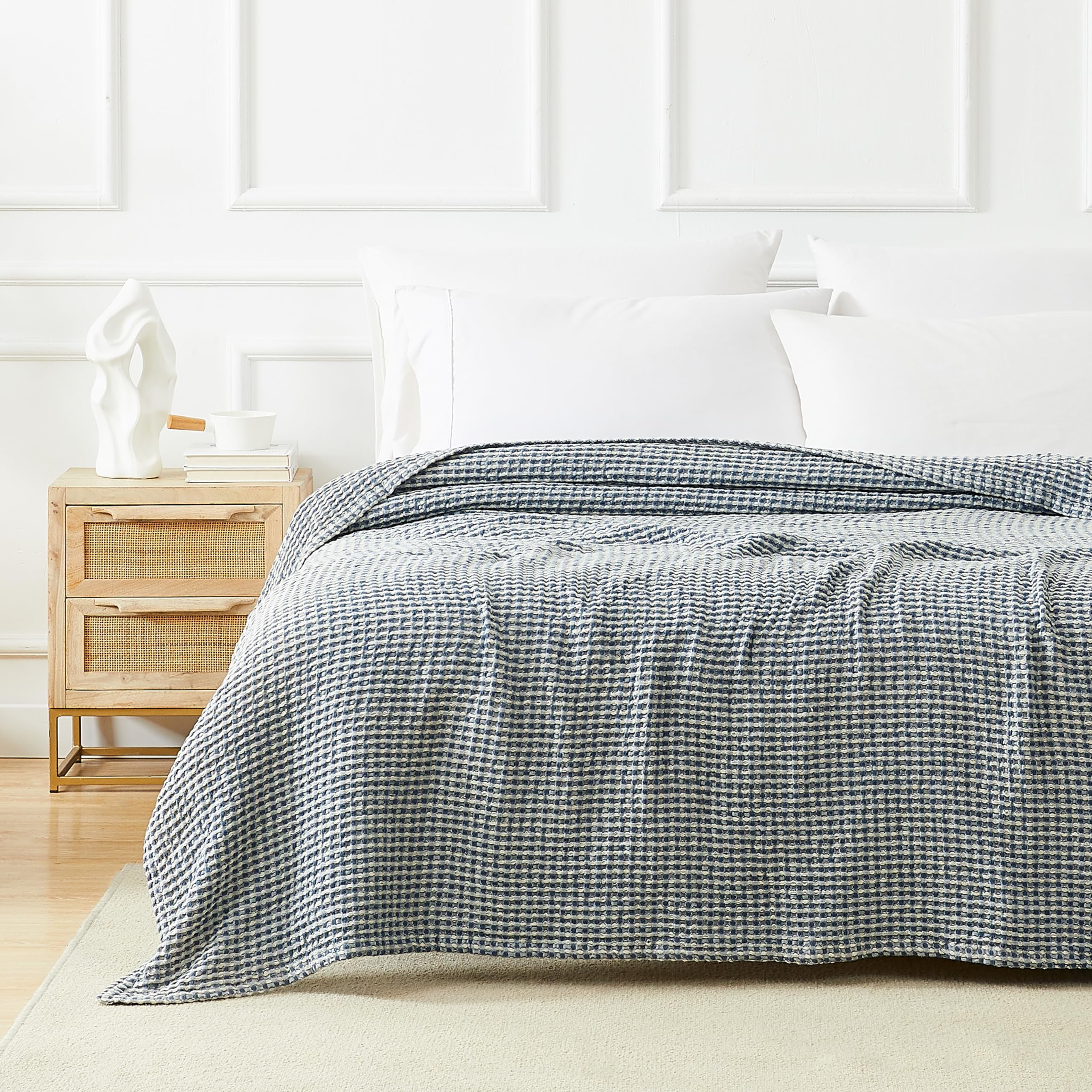 Southshore Fine Living, Inc. Blanket Queen Size or Full Size, Waffle Blanket, Blue and White Check