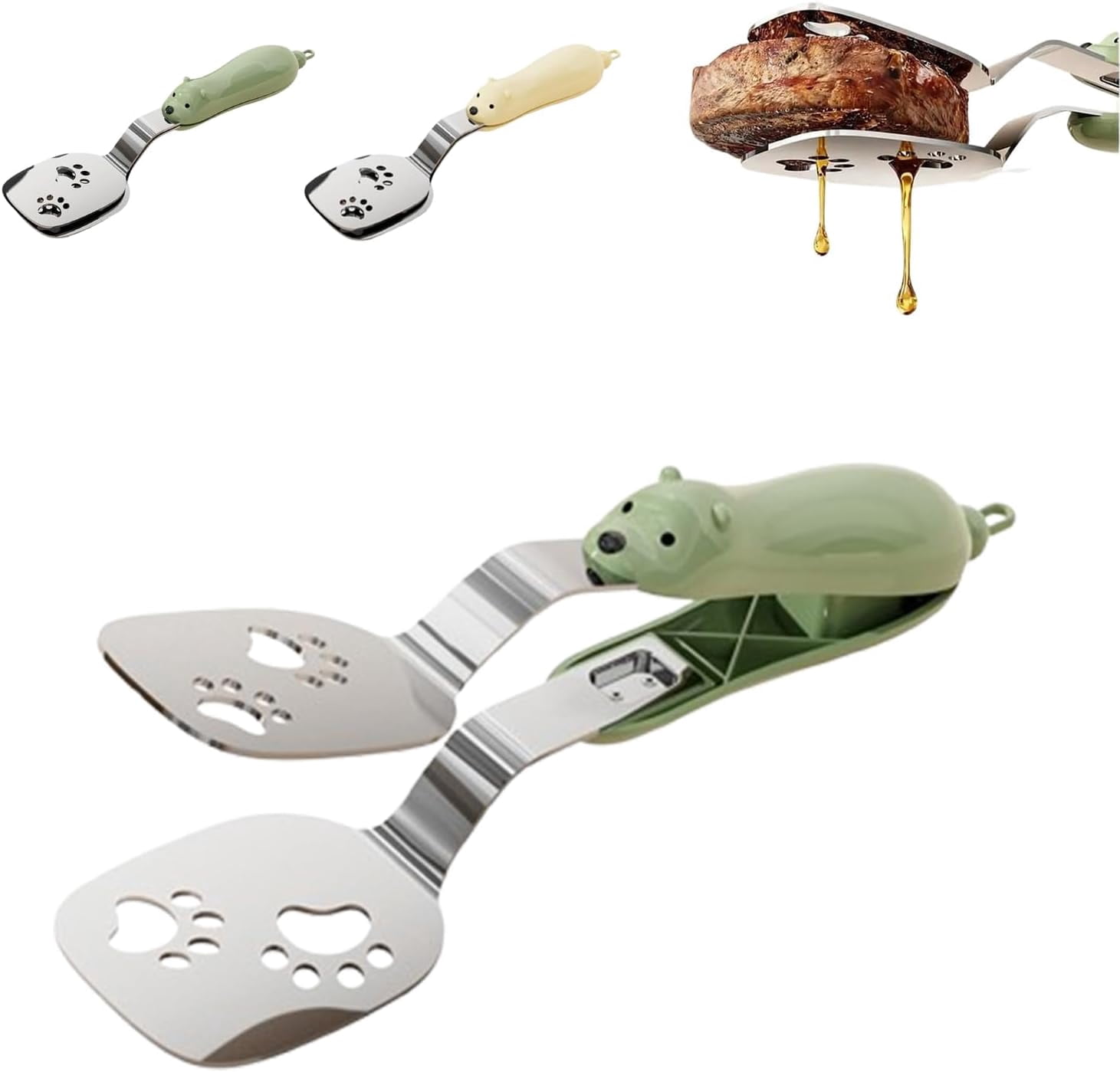 Stainless Steel Bear Pancake Griddle Clip | 2-in-1 Cute Bear Spatula and Tongs with Locking Clip, Multifunctional Kitchen Tool for Steak, Eggs & Pancakes