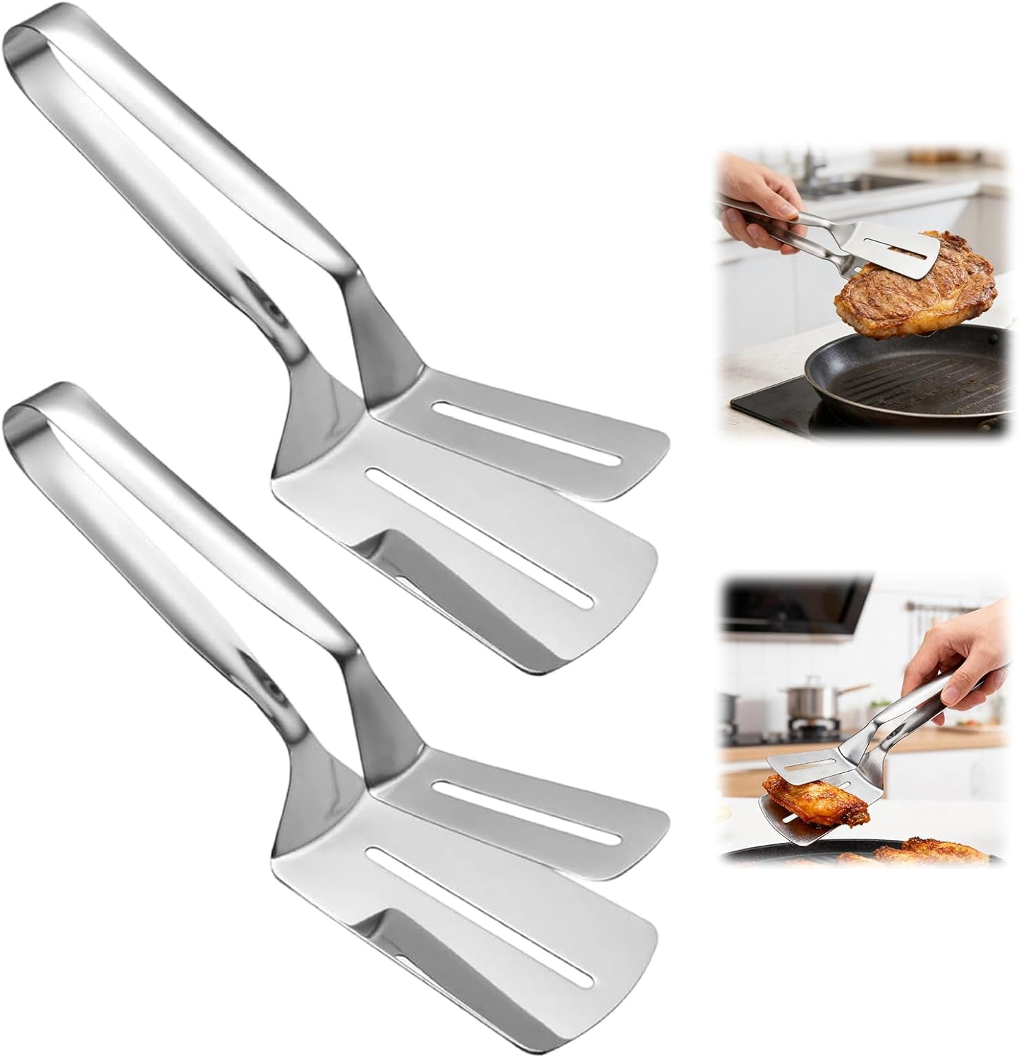 Stainless Steel Grill Clamp | Anti-Scald Extended Handle Spatula Tong, Double-Sided Shovel Clip for Grilling Meat, Fish & Pancakes