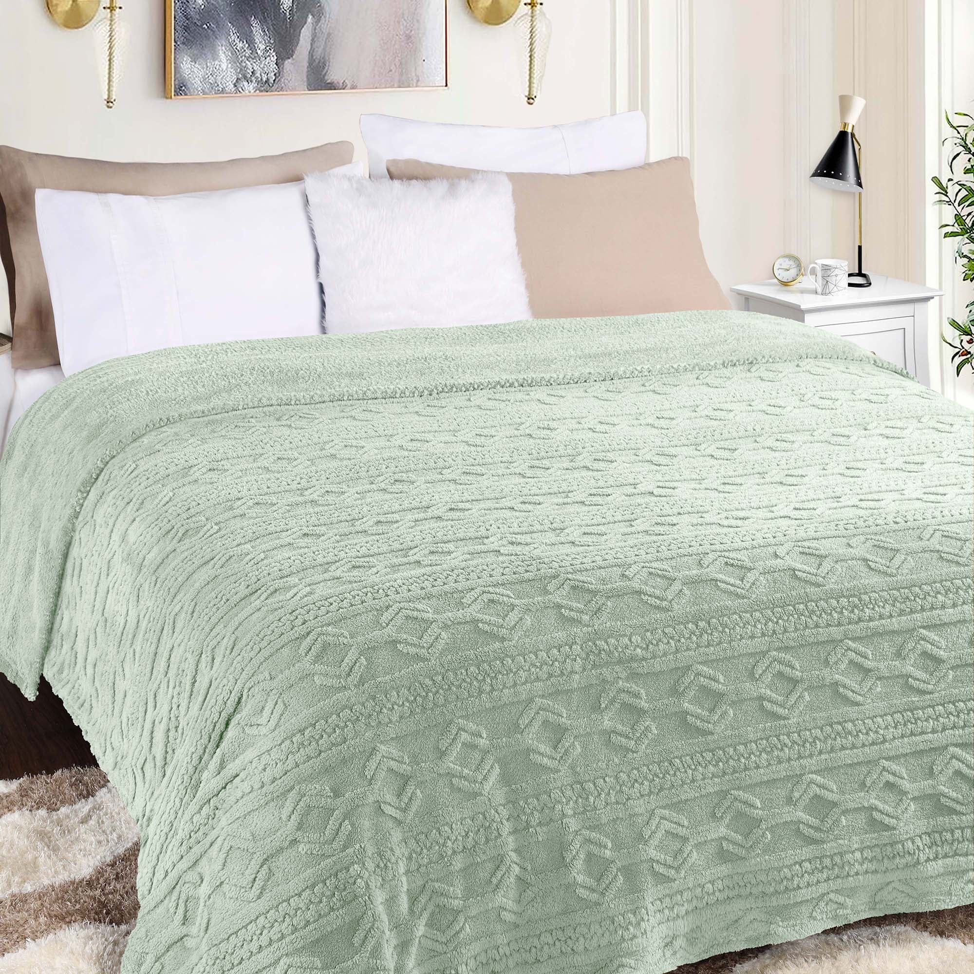 Superior Arctic Fleece Boho Knit Jacquard Blanket, Full/Queen, Sea Foam