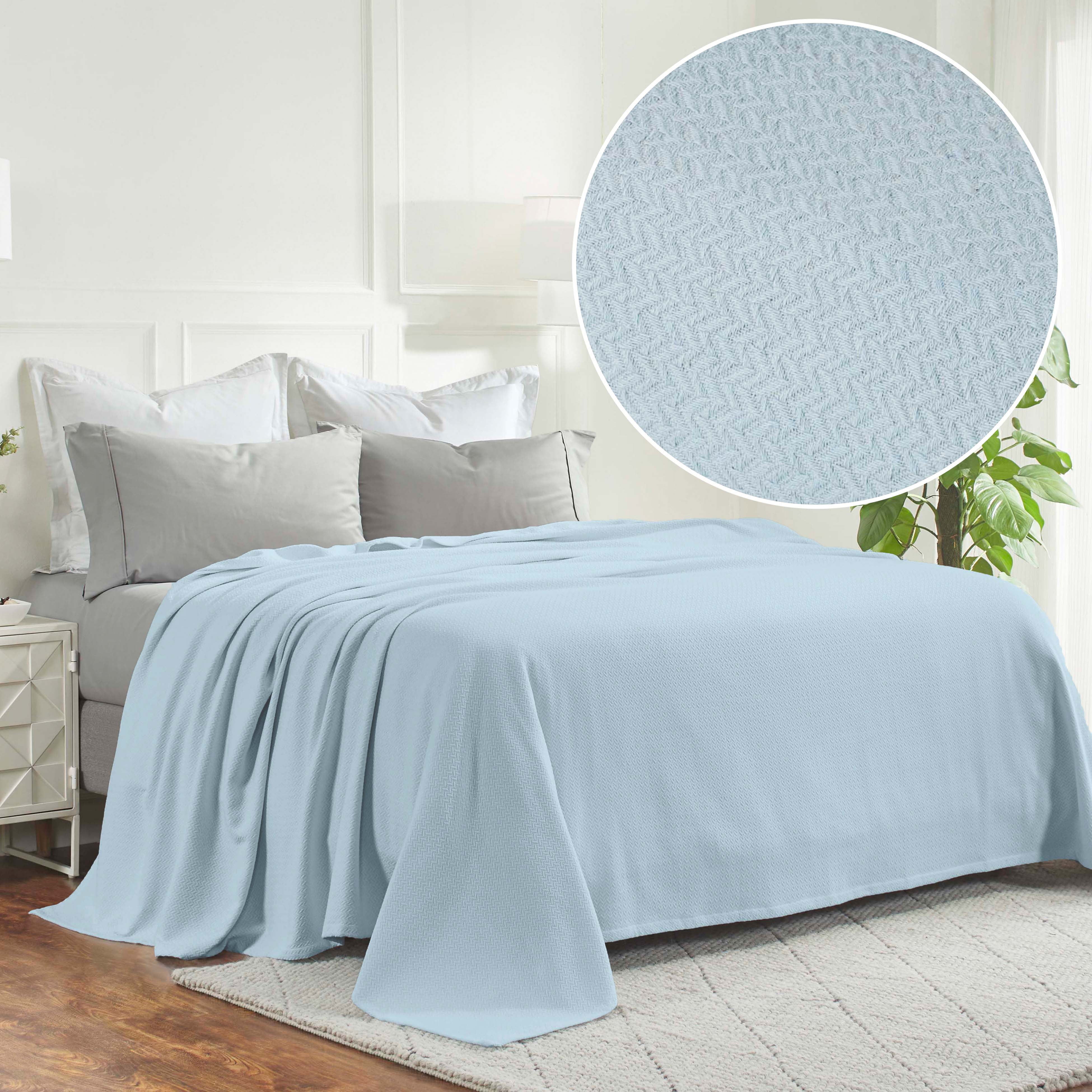 Superior Nobel Cotton Textured Chevron Woven Blanket, Full Queen, Light Blue