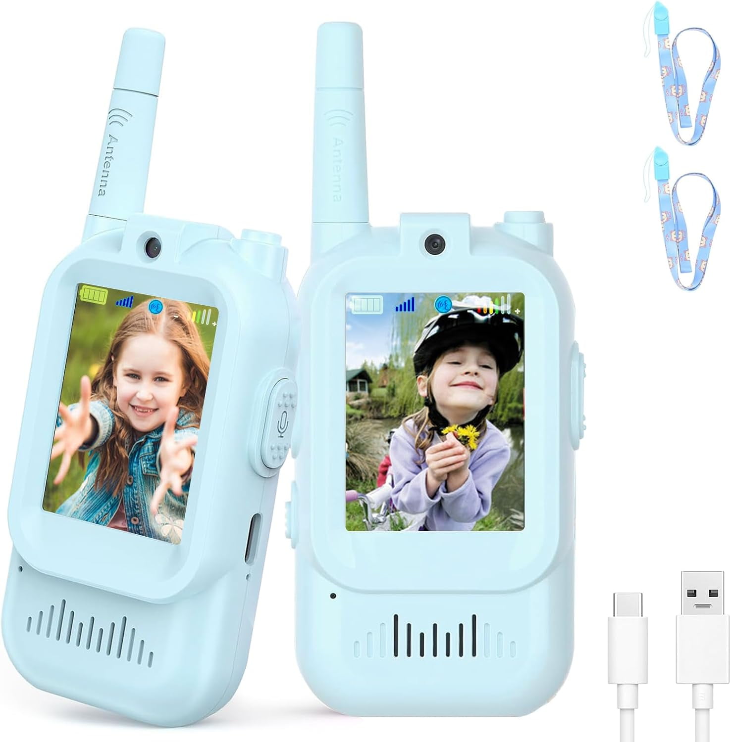 Video Walkie Talkies for Kids, Rechargeable Kids Walkies Talkies 2 Pack, Indoor Outdoor Toys for Game Party Camping, Christmas Birthday for Aged 3 4 5 6 7 8 9 Girls Boys,Blue&Blue