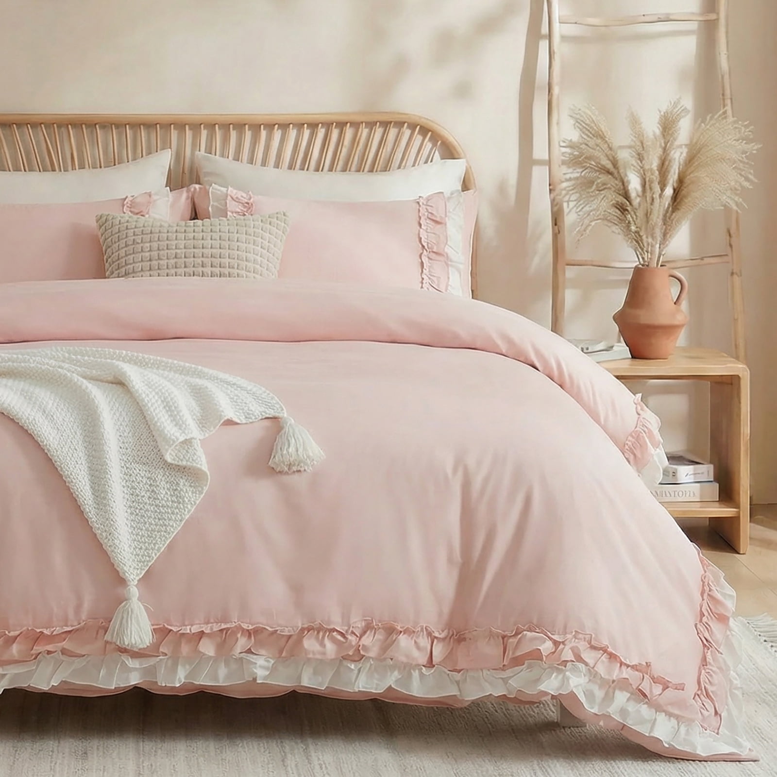 100% Cotton Ruffled Comforter Set Queen, White Shabby Chic Farmhouse Bedding Set French Country Cute Comforter Set