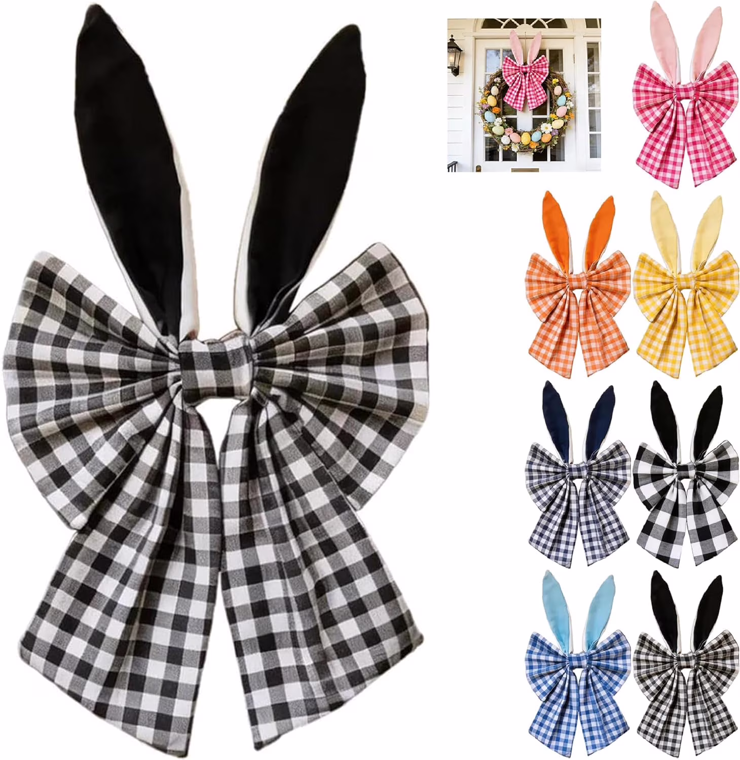 16 Inch Easter Bunny Ears Wreath Bow, Rustic Buffalo Plaid Easter Bows for Tree Topper, Front Door, Wall, Window, Home Party DIY Crafts