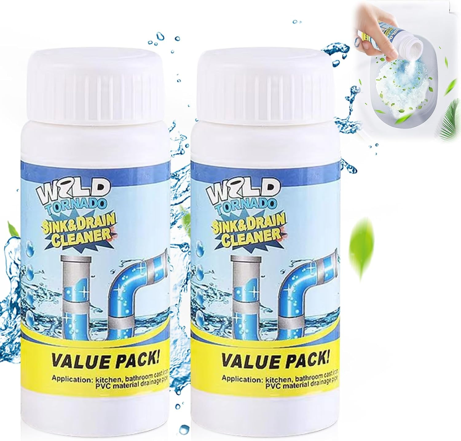 2PCS Drain Cleaner Powder | 3.9 OZ Wild Tornado Sink & Pipe Cleaner, Fast Foaming Multi-Functional Formula for Kitchen & Toilet