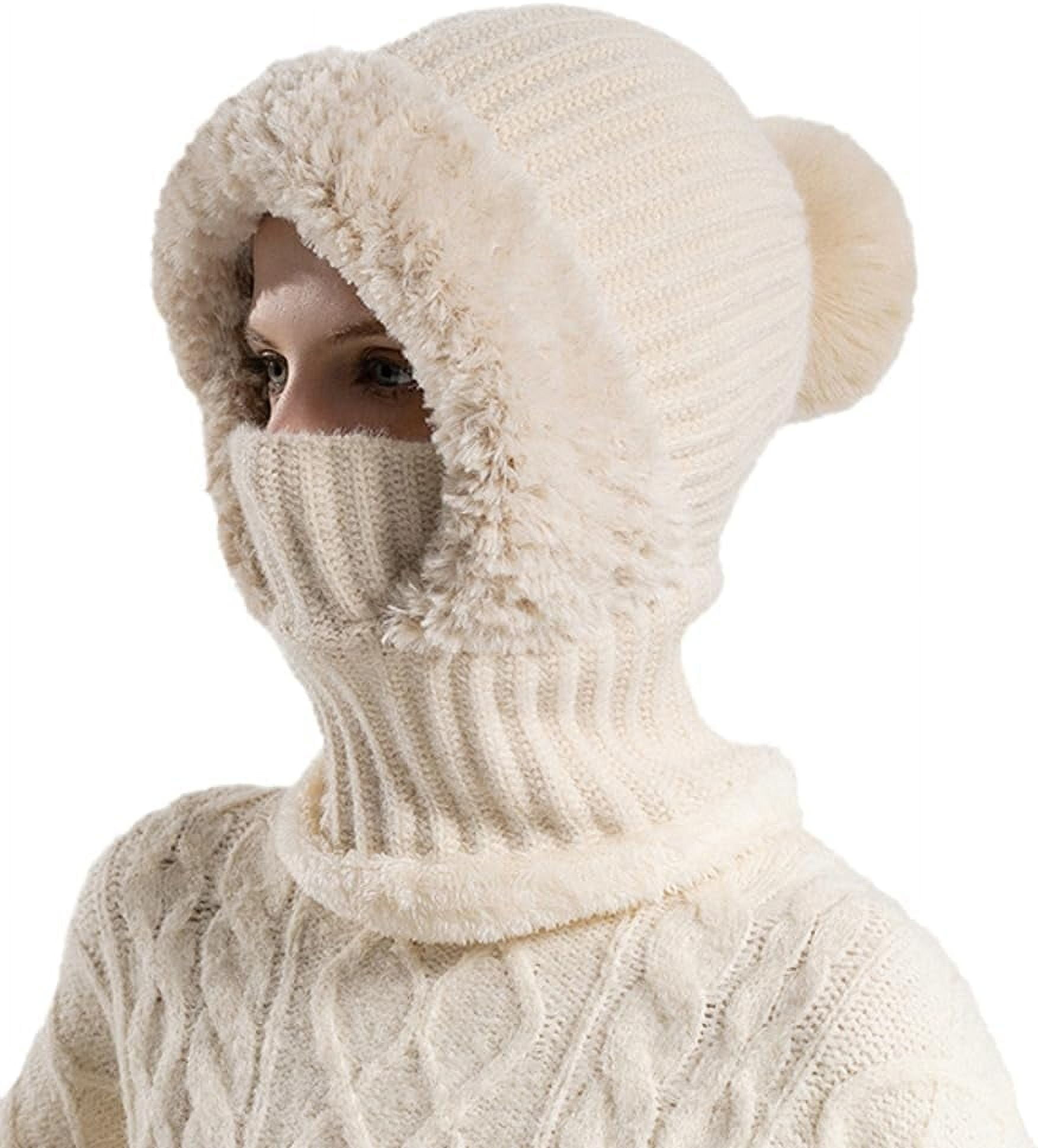 3 in 1 Beanie Hat with Scarf and Mask | Women‘s Fleece Lined Knit Winter Set with Plush Earmuffs & Pompom Snow Cap