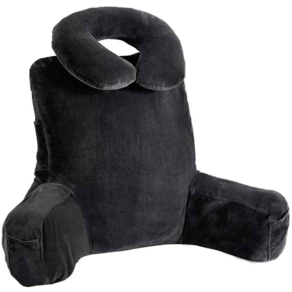 31 Large Backrest Pillow with Arms Ergonomic Reading Pillow with Detachable Neck Roll Bed Rest Pillow with Pockets for Reading Watching TV Gaming Black