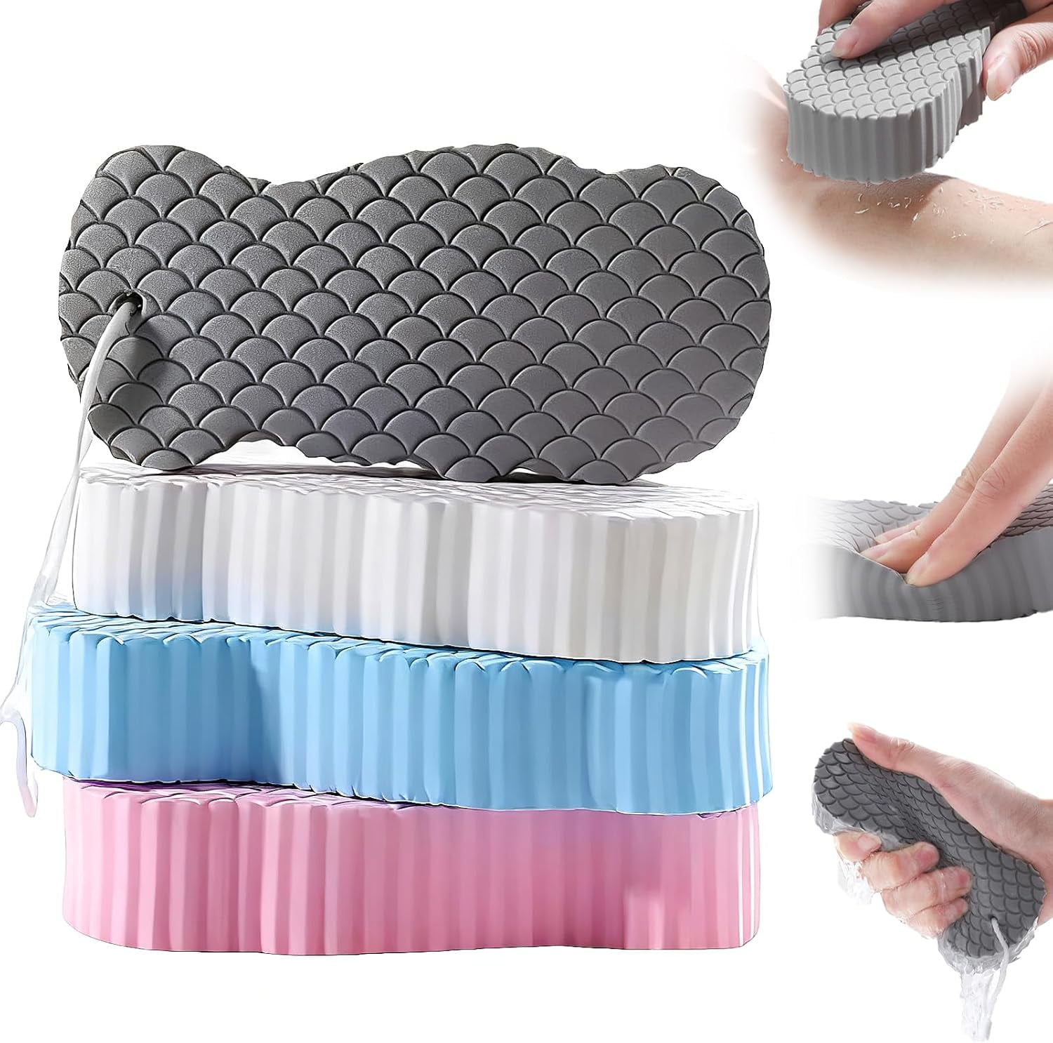 4PCS Magic Exfoliating Bath Sponge, 3D Dual-Sided Super Soft Gentle Bath Scrubber for Dead Skin Removal & Sensitive Skin, Shower Use Sponge