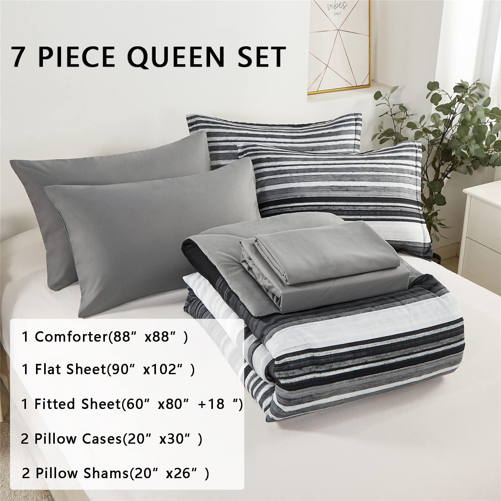 7 Piece Bed In A Bag Stripe Comforter Set Queen Size White Grey Black Patchwork Striped And Sheet All Season Soft Microfiber Complete Bedding Sets(grey Queen)