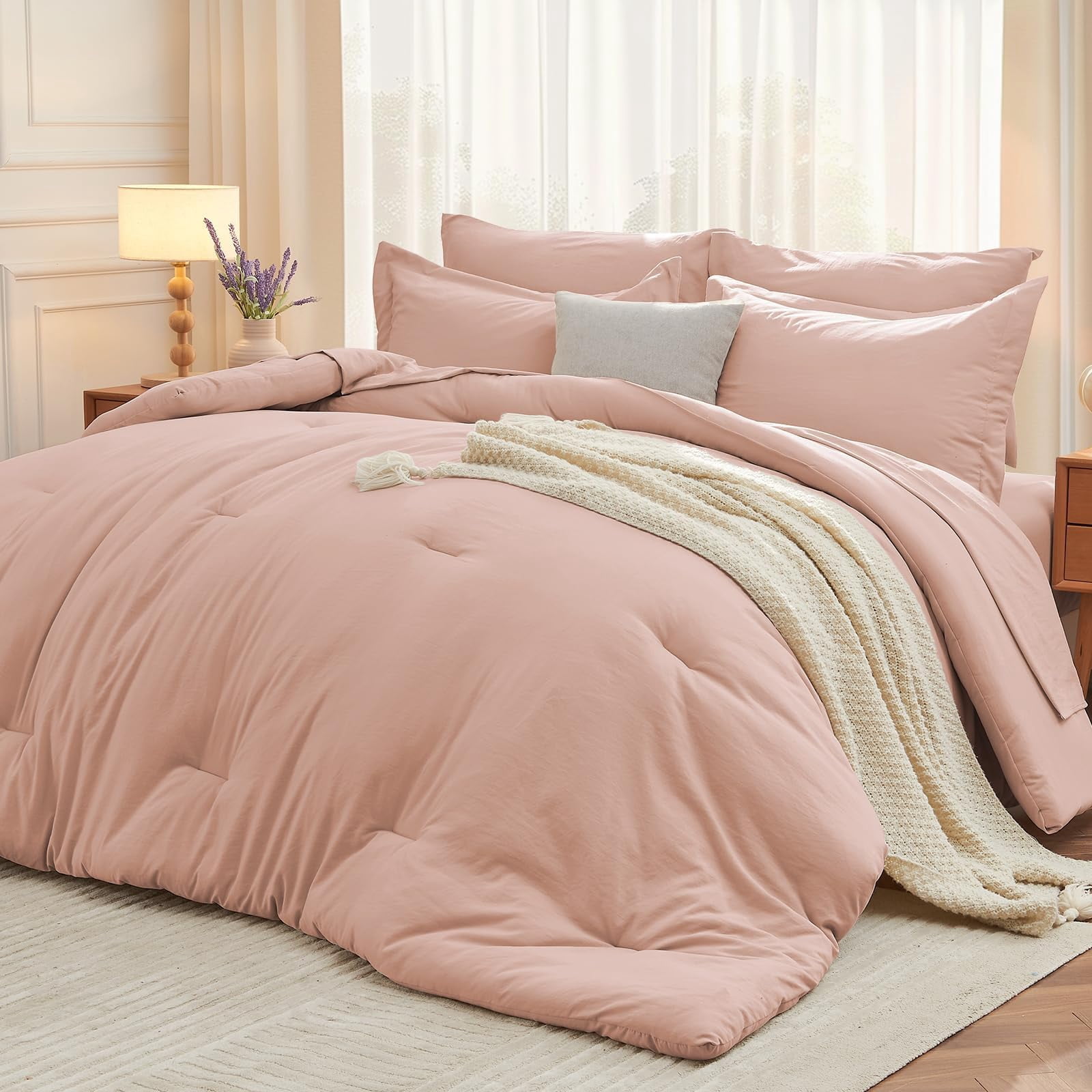 7 Pieces King Comforter Set Soft Bed In A Bag Size All Season Bedding With Flat Sheet Fitted Pillowcases & Shams Rose