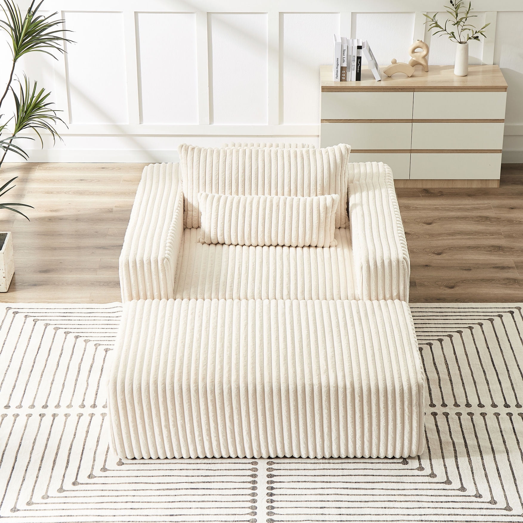 75-Inch Corduroy Material - Backrest Pillow with Cylindrical Addition - Indoor Living Area - No Assembly and Removable Footrest
